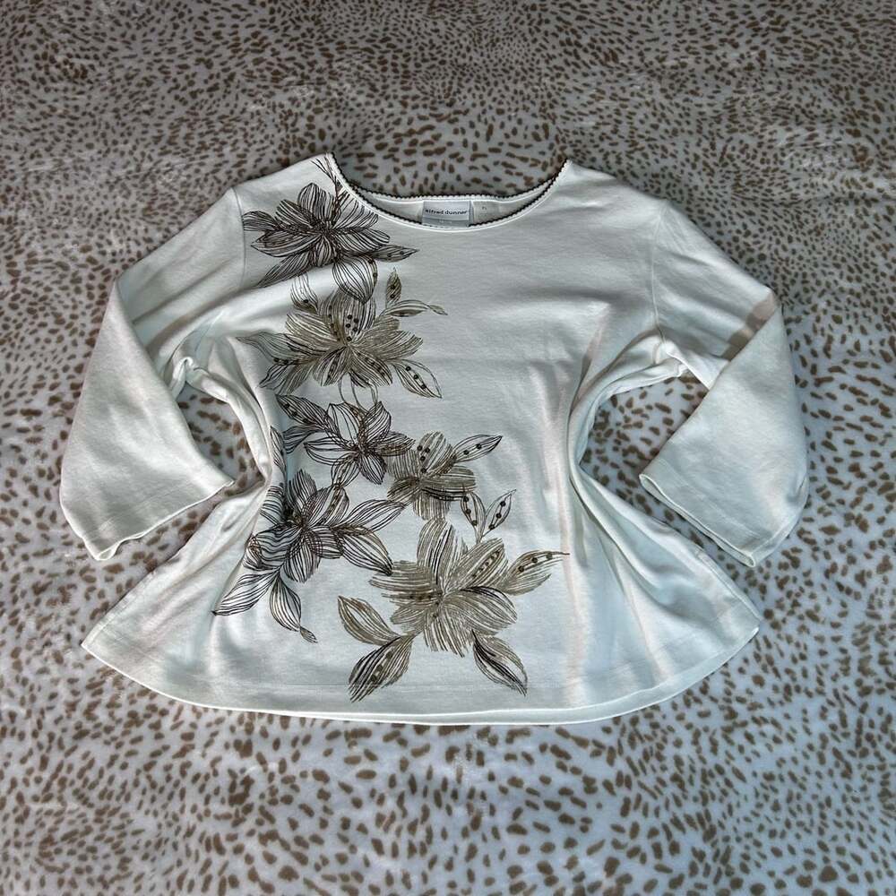 Alfred Dunner Floral Top Size PL Off White 3/4 Sleeve Sequins